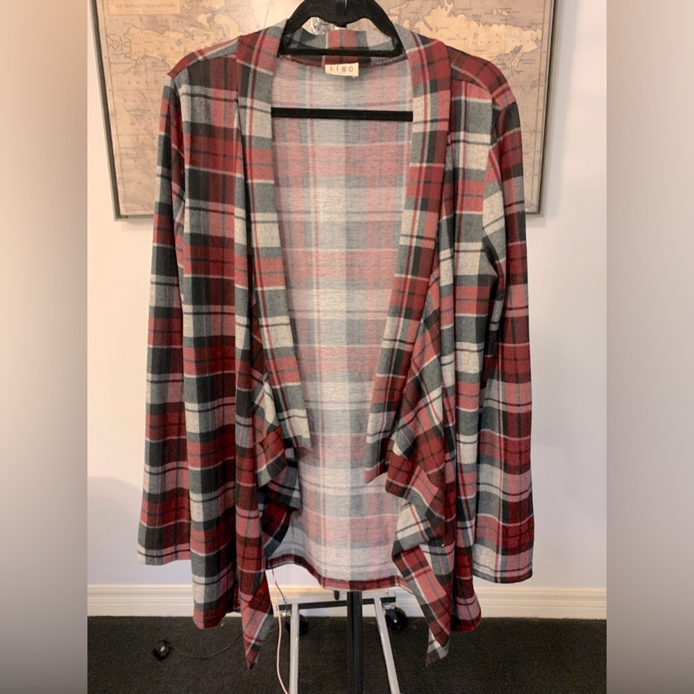ETWO Boutique Brand Oversized Plaid Flannel Cardigan Top With Elbow Patches